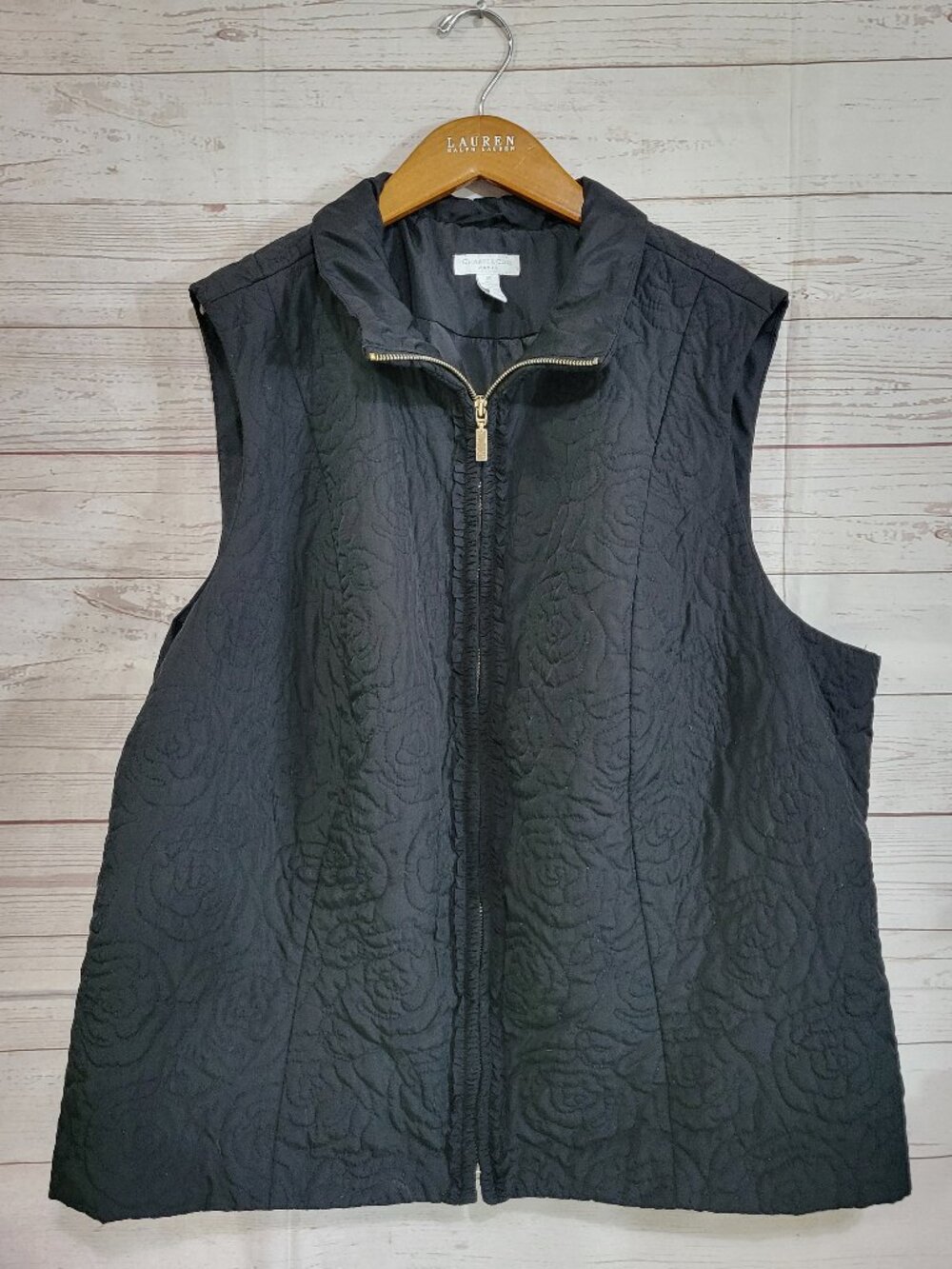 Charter Club Quilted Vest Womens 3X Black Floral Lined Ruffle Preppy Fall Zipper